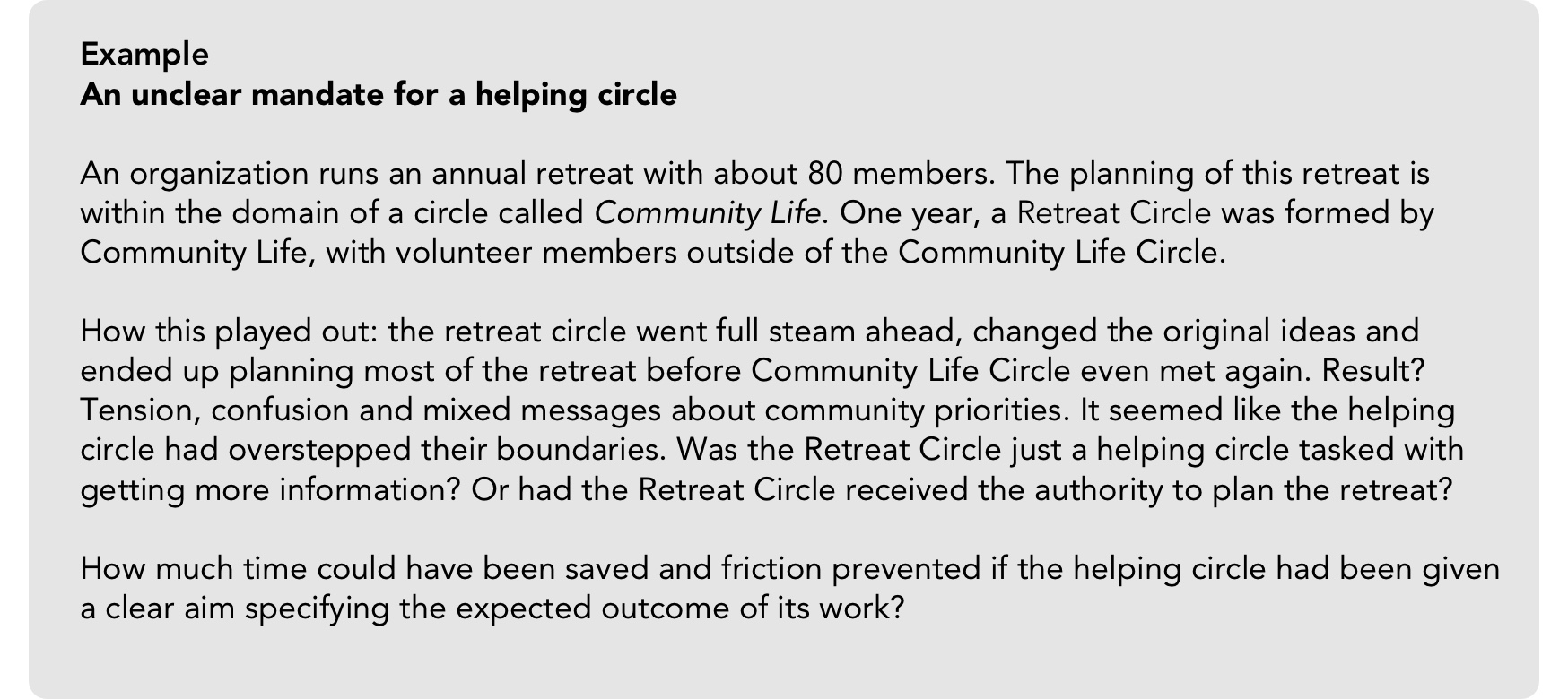 It is crucial to be clear about the mandate given to a helping circle.