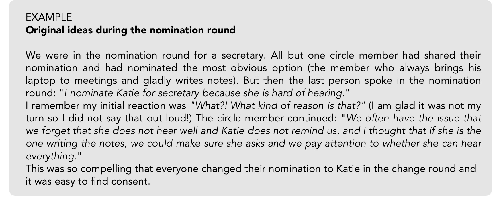An example of a compelling reason during a selection process.