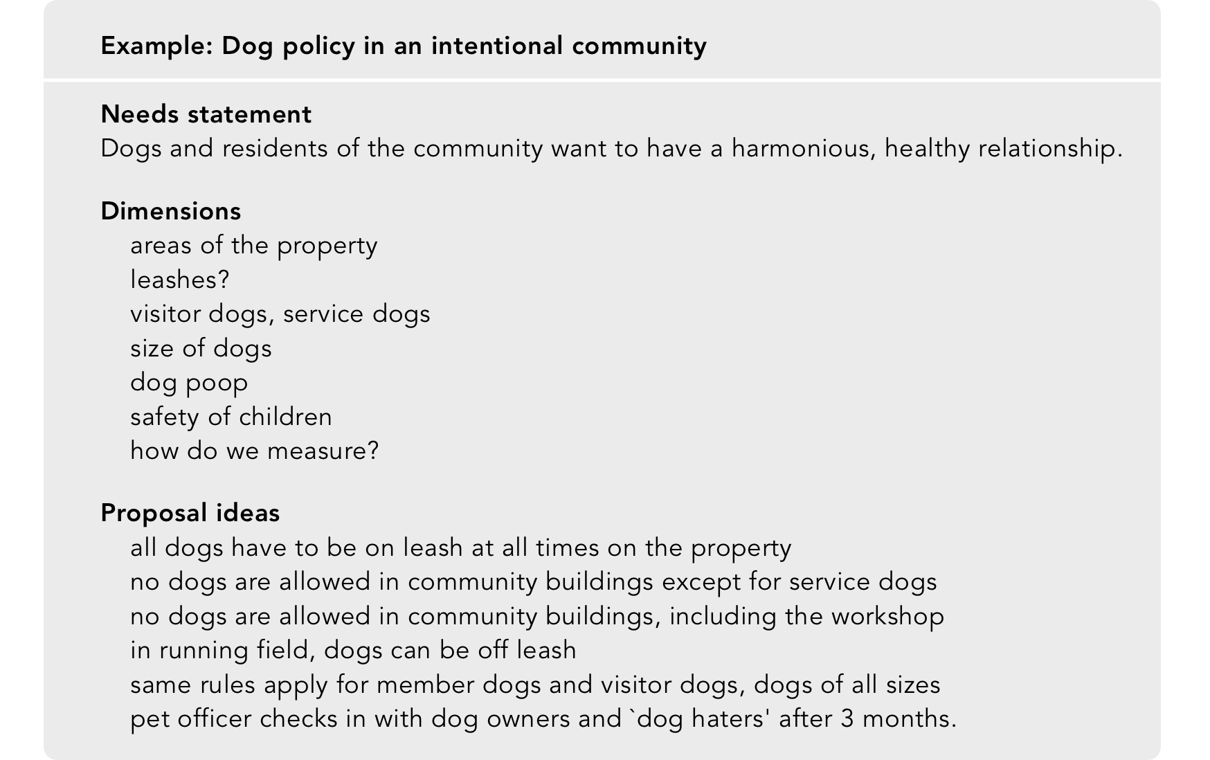 Needs statement, dimensions and proposal ideas for a dog policy