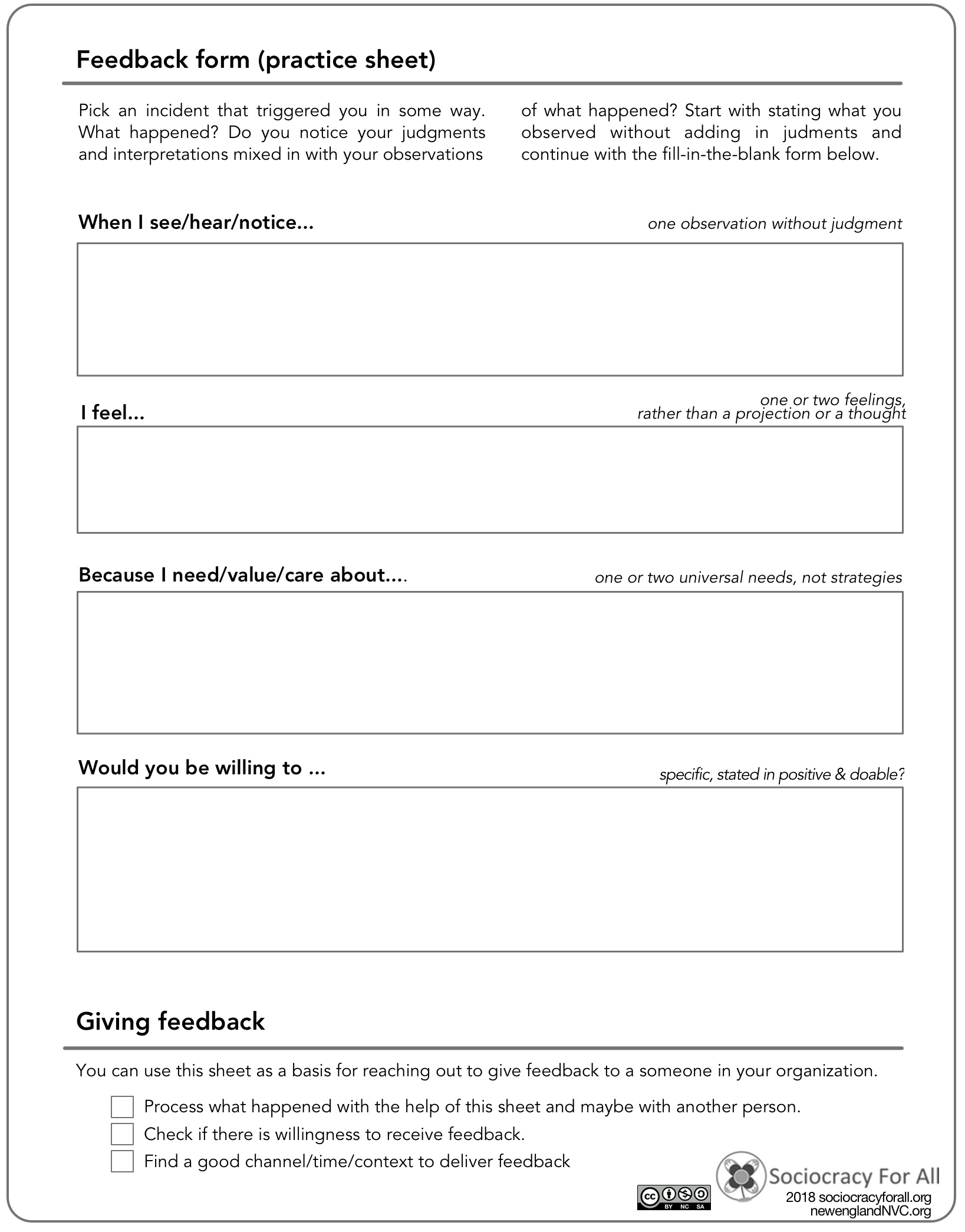 A sample version of a feedback form