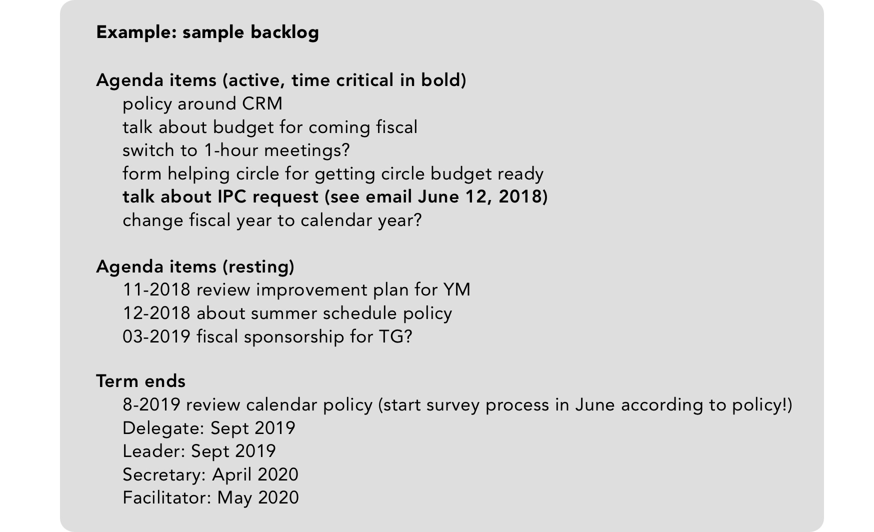 An example of a backlog to be carried at the end of the meeting minutes.