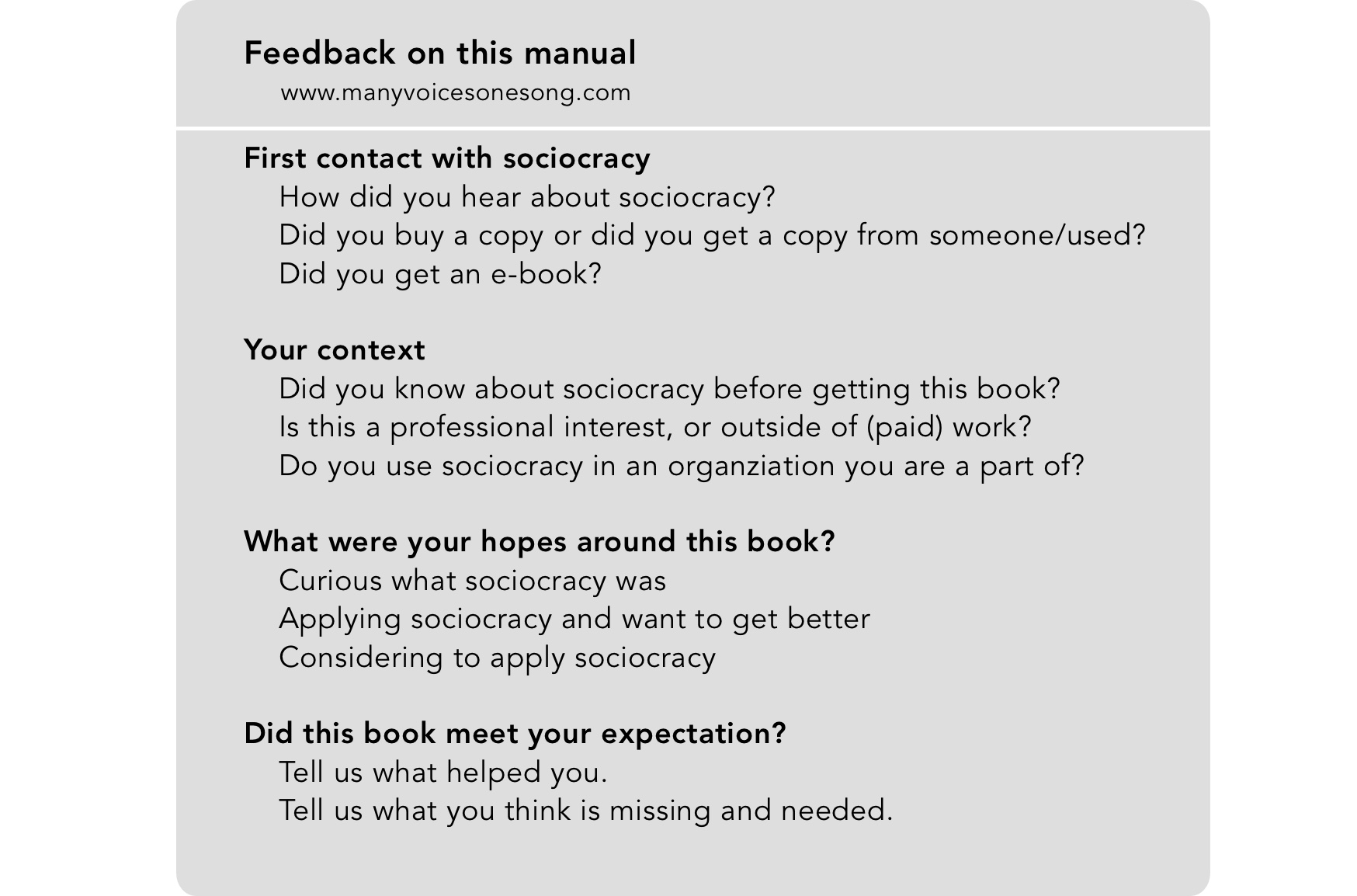 Give us feedback about this book at www.manyvoicesonesong.com